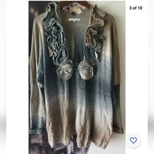 Tempo Paris Open Long Cardigan Sweater Size XL‎ Knit Flowers Boho Brown Blue